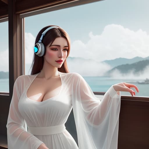  analog style, best quality, gorgeous young Swiss sitting by window with headphones on, wearing white with translucent shirt over, soft lips, beach hair, octane render, unreal engine, photograph, realistic skin texture, photorealistic, hyper realism, highly detailed, 85mm portrait photography, award winning, hard rim lighting photography hyperrealistic, full body, detailed clothing, highly detailed, cinematic lighting, stunningly beautiful, intricate, sharp focus, f/1. 8, 85mm, (centered image composition), (professionally color graded), ((bright soft diffused light)), volumetric fog, trending on instagram, trending on tumblr, HDR 4K, 8K