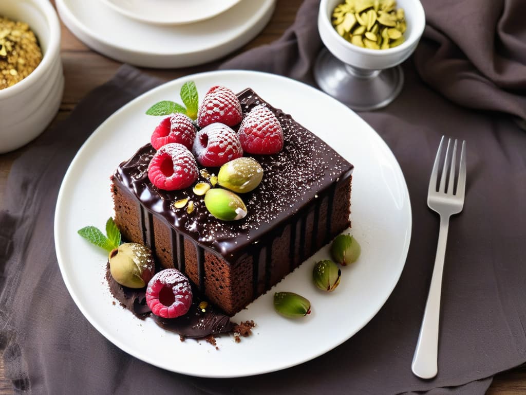  A closeup, photorealistic image of a decadent chocolate quinoa cake topped with a generous drizzle of dark chocolate ganache, sprinkled with crushed pistachios, and garnished with fresh raspberries and mint leaves on a sleek white plate. The cake is moist and rich, with visible specks of quinoa adding texture, surrounded by elegant silver cutlery and a linen napkin, placed on a marble countertop under soft, natural lighting that highlights the dessert's glossy finish and vibrant colors. hyperrealistic, full body, detailed clothing, highly detailed, cinematic lighting, stunningly beautiful, intricate, sharp focus, f/1. 8, 85mm, (centered image composition), (professionally color graded), ((bright soft diffused light)), volumetric fog, trending on instagram, trending on tumblr, HDR 4K, 8K