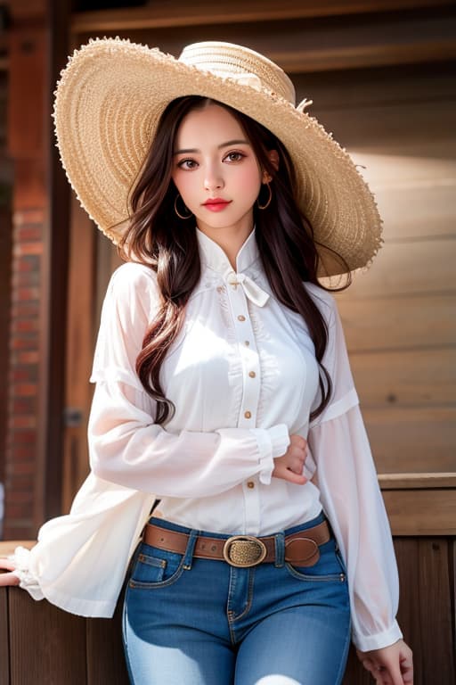  (:1.4), :1.4 , Cow , long wavy , wild west, cowboy hat, western town, jeans, masterpiece, (detailed face), (detailed clothes), f/1.4, ISO 200, 1/160s, 4K, unedited, symmetrical balance, in-frame, masterpiece, perfect lighting, (beautiful face), (detailed face), (detailed clothes), 1 , (woman), 4K, ultrarealistic, unedited, symmetrical balance, in-frame