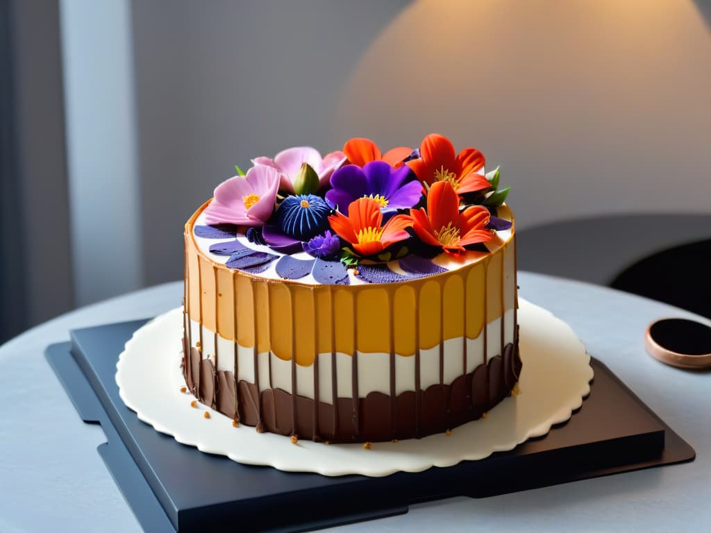  An ultradetailed image of a beautifully decorated cake by Christina Tosi, displayed on a sleek, modern black platter. The cake is a threetiered masterpiece, each layer intricately adorned with vibrant edible flowers and delicate piping details. The background is softly blurred to keep the focus solely on the stunning dessert, showcasing Tosi's masterful pastry skills. The colors are rich and vivid, creating a visually striking and mouthwatering image that exudes elegance and sophistication. hyperrealistic, full body, detailed clothing, highly detailed, cinematic lighting, stunningly beautiful, intricate, sharp focus, f/1. 8, 85mm, (centered image composition), (professionally color graded), ((bright soft diffused light)), volumetric fog, trending on instagram, trending on tumblr, HDR 4K, 8K