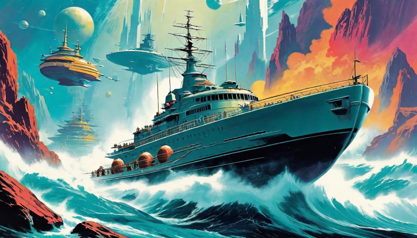  retro futuristic A guide, gender neutral, steadying a boat in turbulent waters, calm amidst chaos, providing stability, guiding through transformation lvintage sci fi, 50s and 60s style, atomic age, vibrant, highly detailed