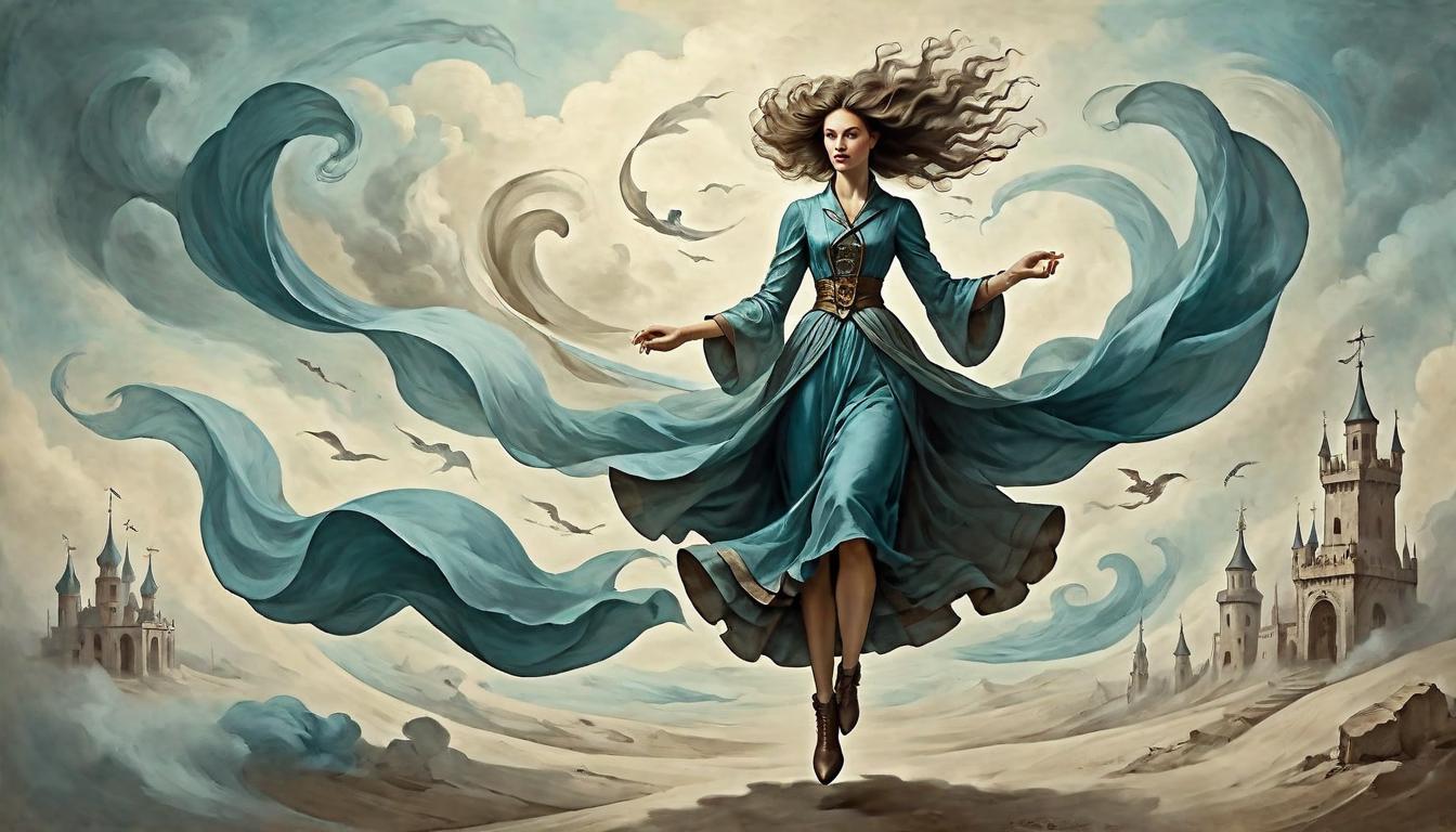  on parchment, surrealism+++, An individual surrounded by swirling winds, hair and clothes flowing, levitating slightly, aerial grace, protective barrier, dynamic motion(mysterious, provocative, symbolic,muted color)+++