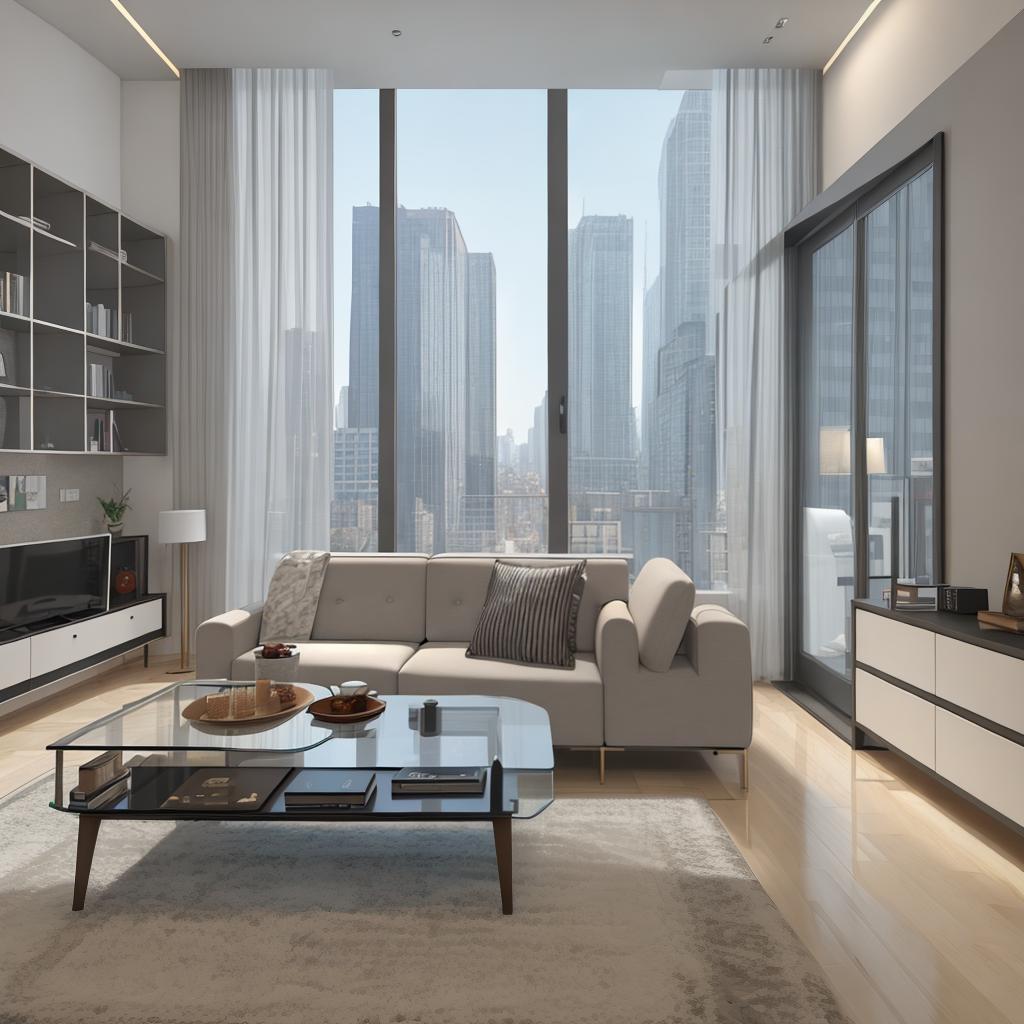  masterpiece, best quality, best quality, masterpiece, 8k resolution, high resolution apartment Living room concept art with floor-to-ceiling windows and modern furniture