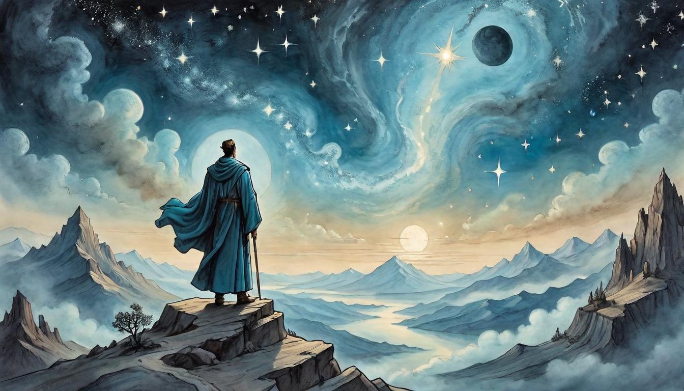  on parchment, surrealism+++, A figure clad in robes standing atop a mountain, gazing at the horizon where stars meet earth, embodies spiritual maturity and insight gained through adversity, horizon where challenges blend with achievements, illuminated by starlight, contemplation at the edge of the world, enlightened perspective(mysterious, provocative, symbolic,muted color)+++