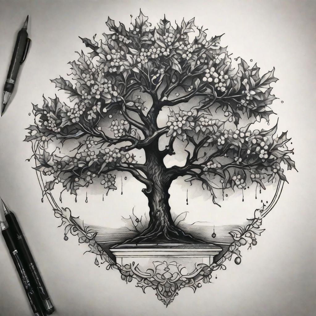  masterpiece, best quality, Small black and white sketch holly tree long middle back tattoo