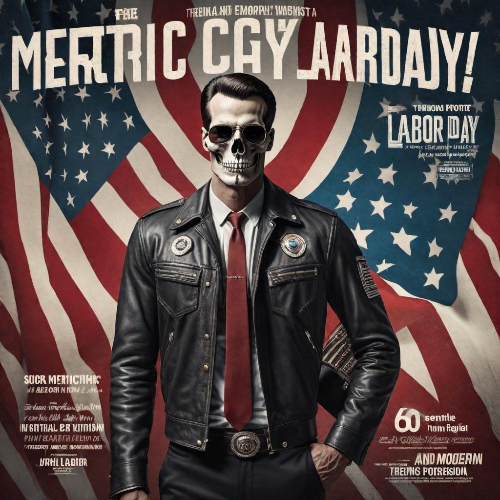  Create a modern Labor Day poster inspired by 60's rock and roll posters. Include a skull symbolizing hard work in the design. hyperrealistic, full body, detailed clothing, highly detailed, cinematic lighting, stunningly beautiful, intricate, sharp focus, f/1. 8, 85mm, (centered image composition), (professionally color graded), ((bright soft diffused light)), volumetric fog, trending on instagram, trending on tumblr, HDR 4K, 8K