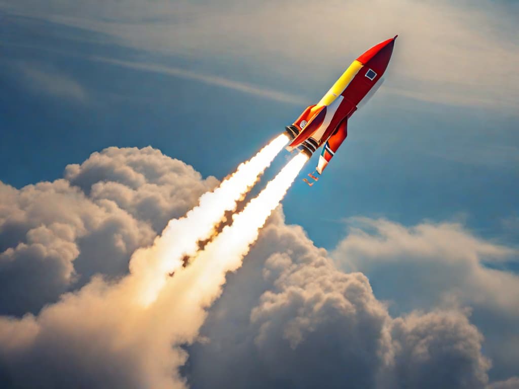  A rocket soaring upwards against a clear blue sky, leaving a trail of fire and smoke, symbolizing a rapid and powerful increase in value. digital art, ilustration, no flares, clean hyperrealistic, full body, detailed clothing, highly detailed, cinematic lighting, stunningly beautiful, intricate, sharp focus, f/1. 8, 85mm, (centered image composition), (professionally color graded), ((bright soft diffused light)), volumetric fog, trending on instagram, trending on tumblr, HDR 4K, 8K