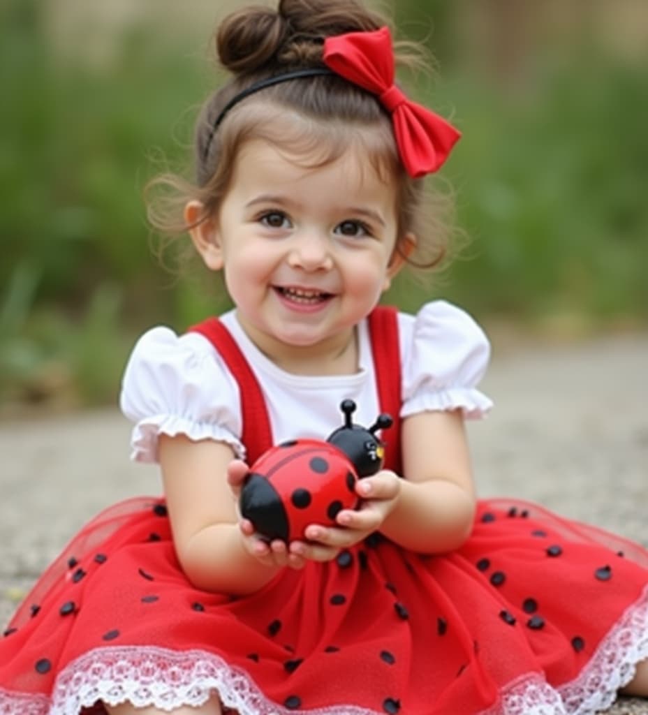  good quality, high quality, the image depicts a young , likely a girl, sitting on the ground outdoors. she has a joyful expression on her face, with a broad smile and sparkling eyes that convey a sense of delight and innocence. her hair is styled in an updo with a red bow, adding a pop of color that matches her dress. she is wearing a white top with short, puffy sleeves that have a delicate lace trim. the sleeves are slightly sheer, suggesting a lightweight fabric. the of her dress is voluminous and features a red base color with black spots, reminiscent of a ladybug pattern. the has a white lace hem that adds a touch of elegance and femininity to the outfit. the is holding a small, red ladybug toy with black spots,