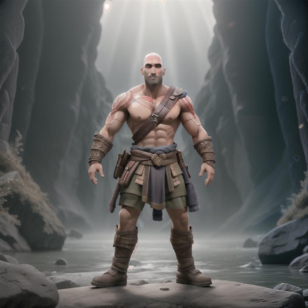  God of war hyperrealistic, full body, detailed clothing, highly detailed, cinematic lighting, stunningly beautiful, intricate, sharp focus, f/1. 8, 85mm, (centered image composition), (professionally color graded), ((bright soft diffused light)), volumetric fog, trending on instagram, trending on tumblr, HDR 4K, 8K