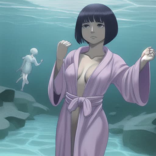  woman under water with short hair no reaction wearing robe without anything else, woman