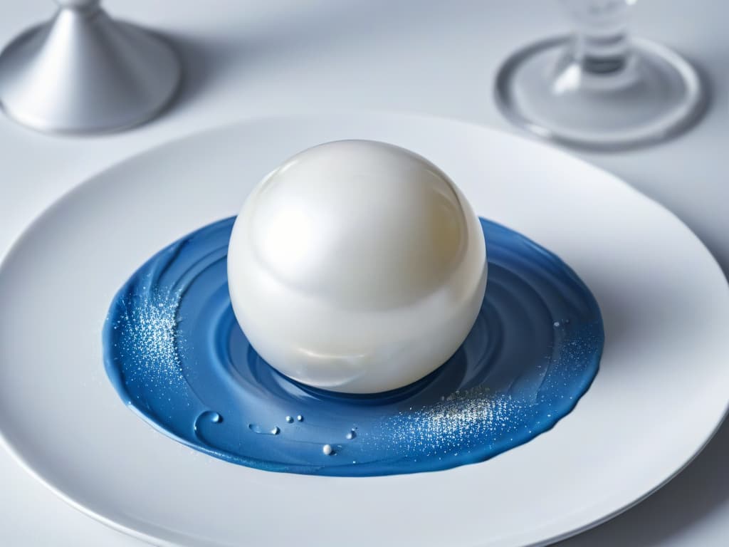  A closeup, ultradetailed image of a perfectly spherical, glossy pearl of sapphire blue spherification on a pristine white plate, showcasing the intricate reflections and smooth surface of the molecular gastronomy culinary technique. The light plays off the surface, highlighting the precision and delicacy of the edible sphere, evoking a sense of elegance and sophistication in the art of creating flavor pearls in pastry. hyperrealistic, full body, detailed clothing, highly detailed, cinematic lighting, stunningly beautiful, intricate, sharp focus, f/1. 8, 85mm, (centered image composition), (professionally color graded), ((bright soft diffused light)), volumetric fog, trending on instagram, trending on tumblr, HDR 4K, 8K