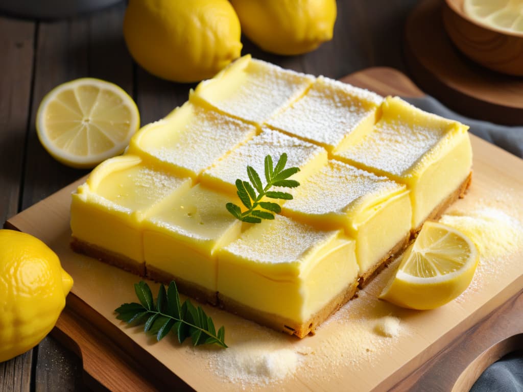  A highresolution, ultradetailed image of a freshly baked batch of lemon bars arranged neatly on a rustic wooden cutting board. The bars are dusted with a light sprinkling of powdered sugar and garnished with thin slices of fresh lemon and a sprig of fragrant lemon verbena. The soft, golden crust of the bars glistens invitingly under the warm natural lighting, highlighting the crumbly texture and zesty lemon filling oozing slightly from the edges. The background is softly blurred to keep the focus on the exquisite details of the delectable lemon bars. hyperrealistic, full body, detailed clothing, highly detailed, cinematic lighting, stunningly beautiful, intricate, sharp focus, f/1. 8, 85mm, (centered image composition), (professionally color graded), ((bright soft diffused light)), volumetric fog, trending on instagram, trending on tumblr, HDR 4K, 8K