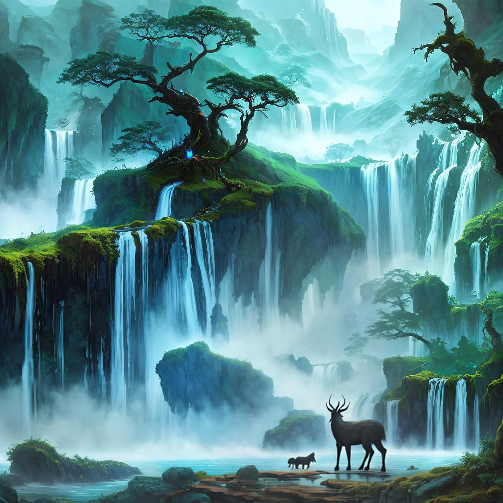  in a fantasy setting, Paint a surreal landscape where mythical beasts roam amidst cascading waterfalls.