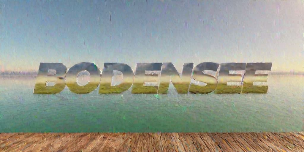  3D text "BODENSEE" floating above Lake Constance, clear skies, 4K, 3D render., high resolution, ((sharp focus)), best quality, ((masterpiece))