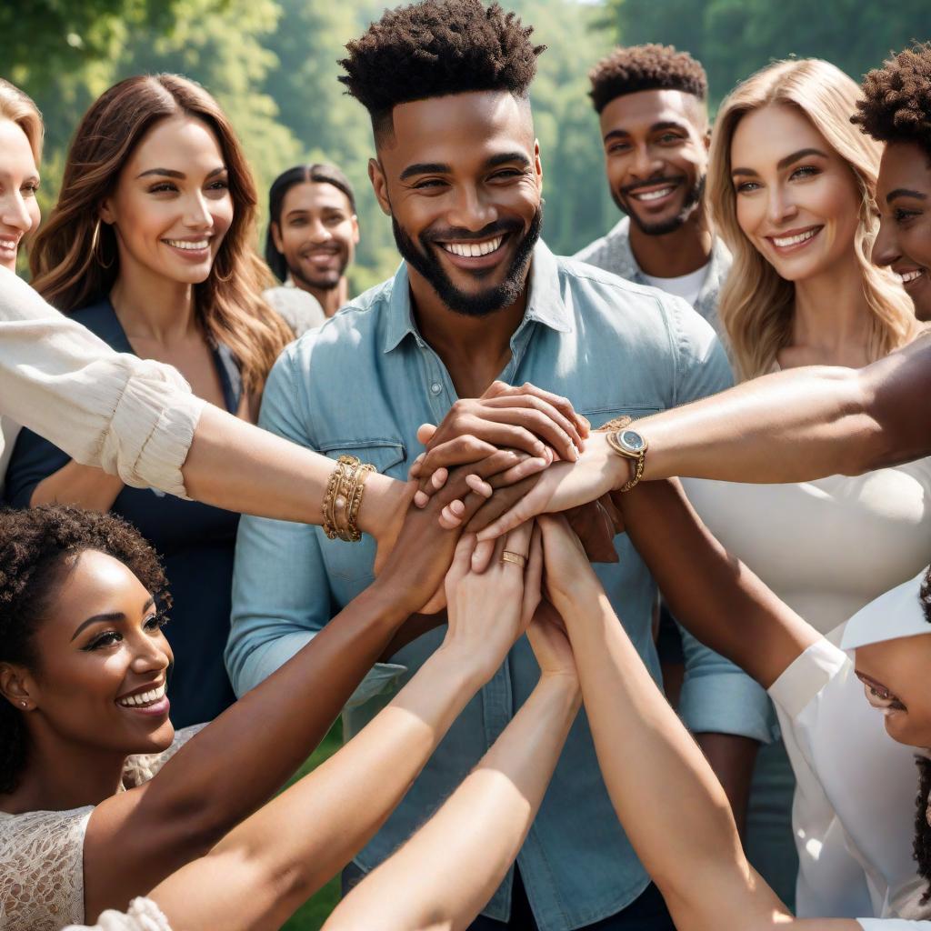  A community scene with diverse people of different backgrounds including Caucasians, joining hands and smiling, symbolizing solidarity. The text 'Defend Our Future' is overlaid on the image. The background shows a beautiful, sunny day in a park with greenery and trees. The individuals are dressed in casual attire, and their unity and happiness are evident. The overall tone is hopeful and inclusive. hyperrealistic, full body, detailed clothing, highly detailed, cinematic lighting, stunningly beautiful, intricate, sharp focus, f/1. 8, 85mm, (centered image composition), (professionally color graded), ((bright soft diffused light)), volumetric fog, trending on instagram, trending on tumblr, HDR 4K, 8K