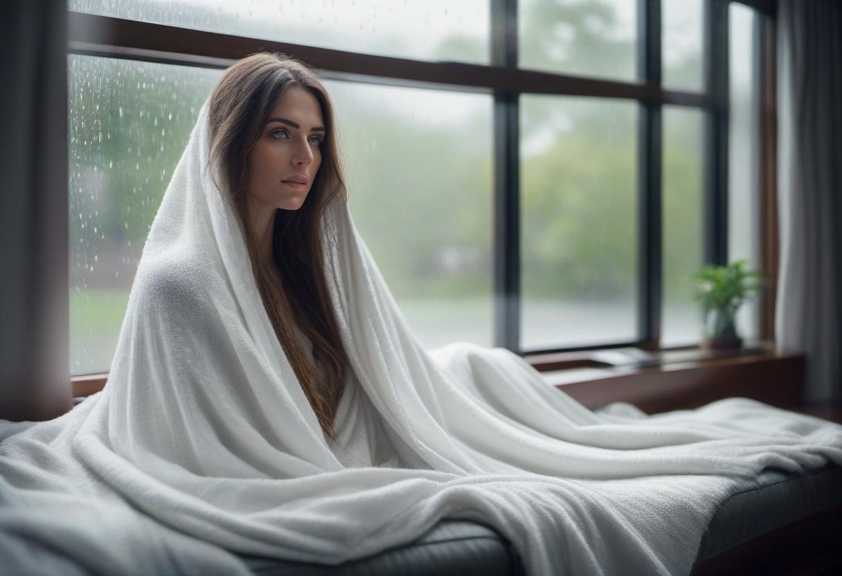  A long haired, green eyed girl, wrapped in a white blanket, sits on the couch and looks out the window, where it's raining. hyperrealistic, full body, detailed clothing, highly detailed, cinematic lighting, stunningly beautiful, intricate, sharp focus, f/1. 8, 85mm, (centered image composition), (professionally color graded), ((bright soft diffused light)), volumetric fog, trending on instagram, trending on tumblr, HDR 4K, 8K