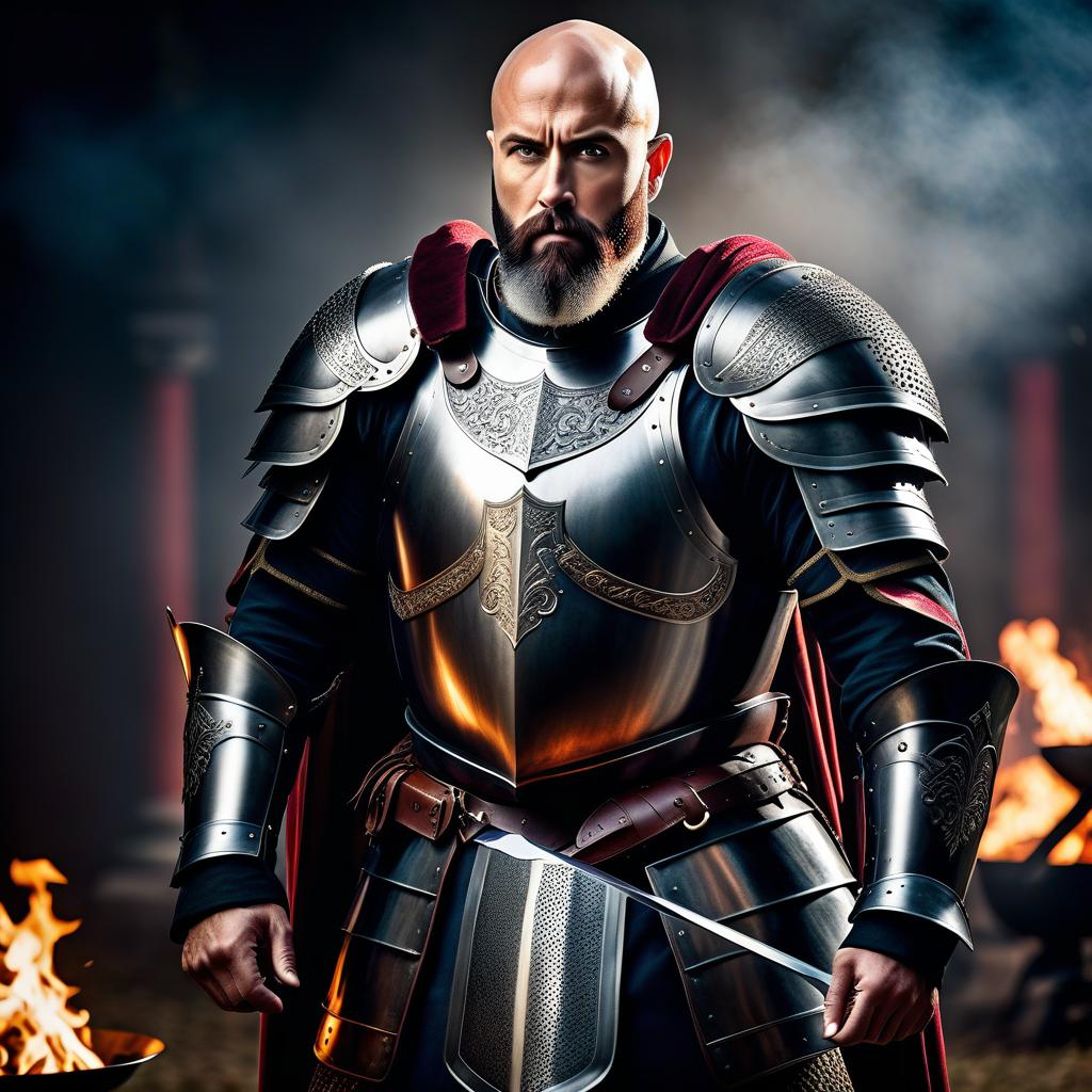  Food photography style Bald, bearded warrior in knight's armor, without a helmet. . Appetizing, professional, culinary, high resolution, commercial, highly detailed hyperrealistic, full body, detailed clothing, highly detailed, cinematic lighting, stunningly beautiful, intricate, sharp focus, f/1. 8, 85mm, (centered image composition), (professionally color graded), ((bright soft diffused light)), volumetric fog, trending on instagram, trending on tumblr, HDR 4K, 8K