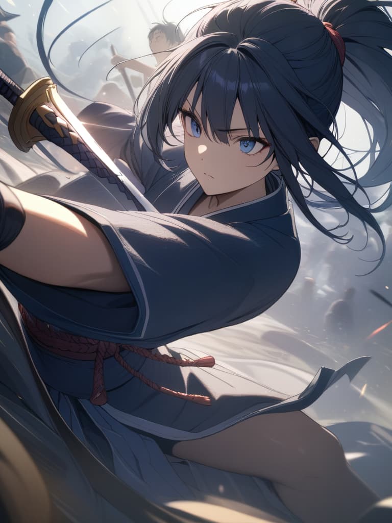  Swordsman,dark blue hair,blue eyes,eyes are shining,serious,holding a sword,beautiful girl,ponytail,kimono,navy blue kimono,beautiful,cool,action scene,during battle,battle scene,dynamism,samurai,female samurai,(absurd detailed:1.4、best quality:1.4、masterpiece:1.4)、, masterpiece, best quality,8k,ultra detailed,high resolution,an extremely delicate and beautiful,hyper detail