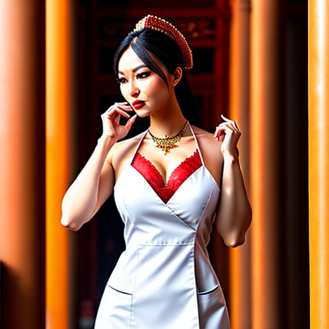  Real, full -body photos, stable, nurses, Forbidden City, necklace, clear facial features hyperrealistic, full body, detailed clothing, highly detailed, cinematic lighting, stunningly beautiful, intricate, sharp focus, f/1. 8, 85mm, (centered image composition), (professionally color graded), ((bright soft diffused light)), volumetric fog, trending on instagram, trending on tumblr, HDR 4K, 8K