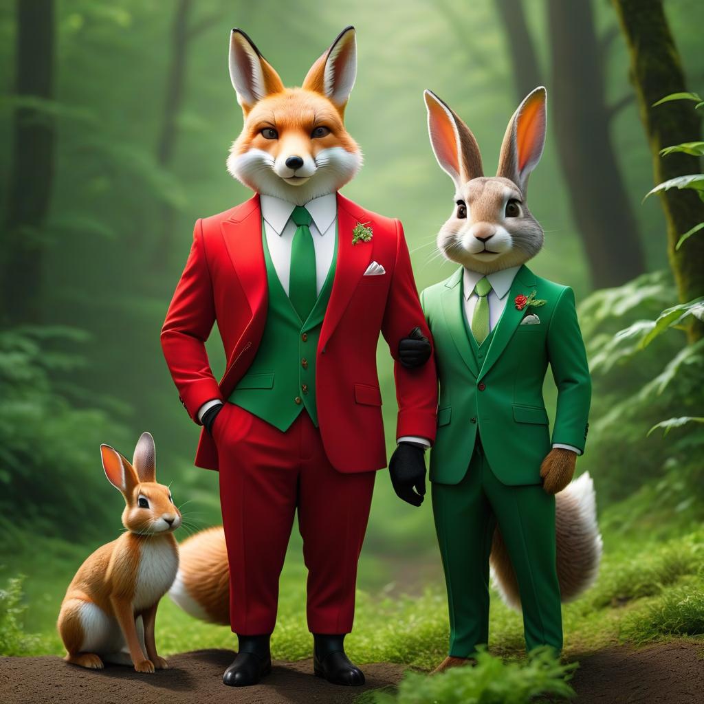  Fox in a green suit and rabbit in a red suit. hyperrealistic, full body, detailed clothing, highly detailed, cinematic lighting, stunningly beautiful, intricate, sharp focus, f/1. 8, 85mm, (centered image composition), (professionally color graded), ((bright soft diffused light)), volumetric fog, trending on instagram, trending on tumblr, HDR 4K, 8K