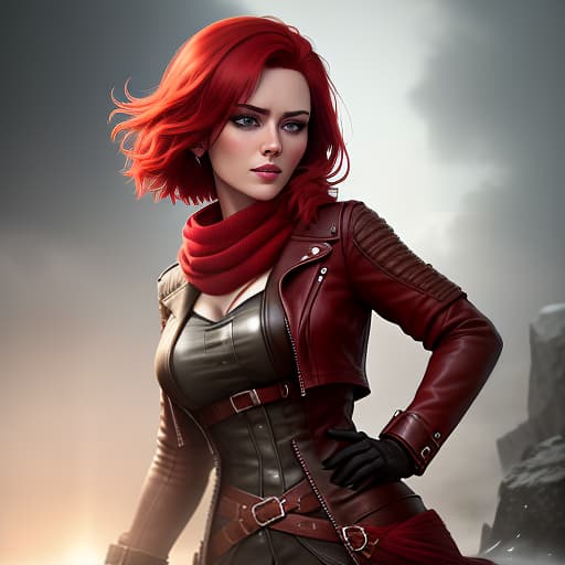  On the ilration, there's a young . She has short red hair. Her eyes are bright green. She's wearing a red knitted scarf. She's also wearing a leather jacket. In her hands, she holds a red flag. hyperrealistic, full body, detailed clothing, highly detailed, cinematic lighting, stunningly beautiful, intricate, sharp focus, f/1. 8, 85mm, (centered image composition), (professionally color graded), ((bright soft diffused light)), volumetric fog, trending on instagram, trending on tumblr, HDR 4K, 8K