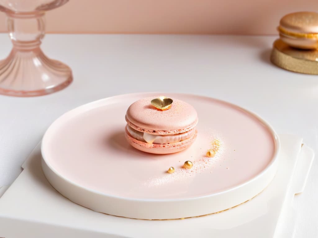  A highresolution closeup image of a delicate pastel pink macaron with a perfectly smooth and shiny surface, dusted with a subtle shimmer of edible gold dust. The macaron is placed on a sleek, minimalist white plate, showcasing the intricate details of its crispy outer shell and the soft, airy texture of its interior almond filling. The image captures the elegance and sophistication of this French delicacy, inviting the viewer to indulge in its decadent sweetness. hyperrealistic, full body, detailed clothing, highly detailed, cinematic lighting, stunningly beautiful, intricate, sharp focus, f/1. 8, 85mm, (centered image composition), (professionally color graded), ((bright soft diffused light)), volumetric fog, trending on instagram, trending on tumblr, HDR 4K, 8K