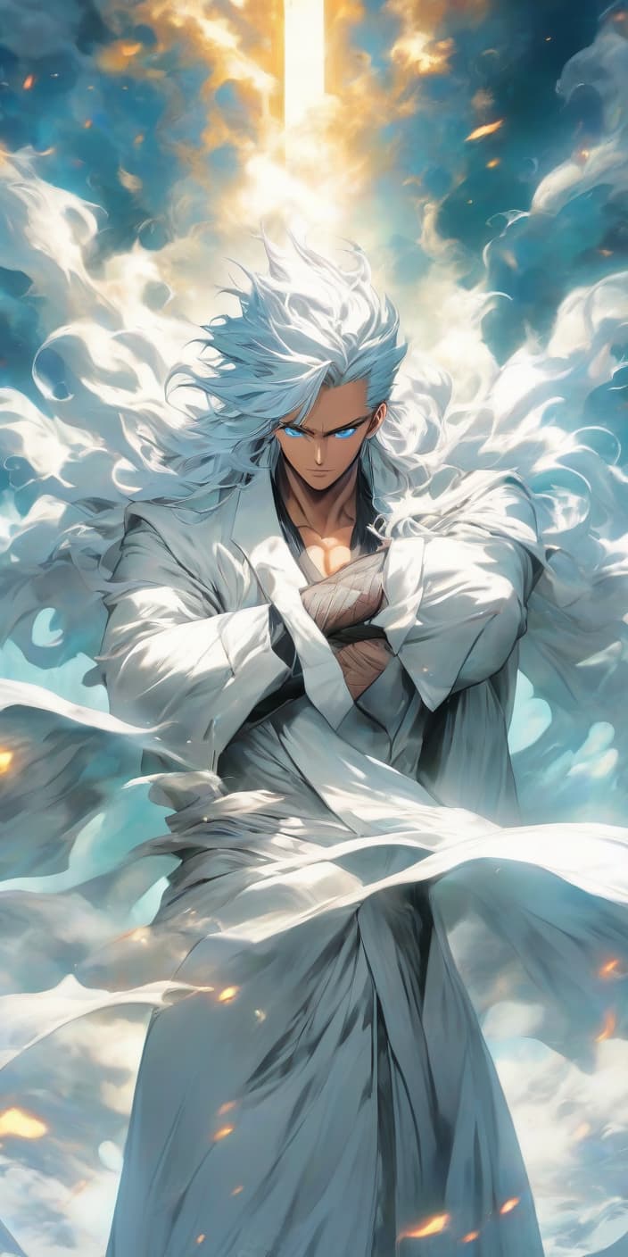  anime artwork A handsome man in a white long coat, clearly featured face, cute, long white hair, blue eyes, Chinese anime style, 4K imagery. . anime style, key visual, vibrant, studio anime, highly detailed hyperrealistic, full body, detailed clothing, highly detailed, cinematic lighting, stunningly beautiful, intricate, sharp focus, f/1. 8, 85mm, (centered image composition), (professionally color graded), ((bright soft diffused light)), volumetric fog, trending on instagram, trending on tumblr, HDR 4K, 8K