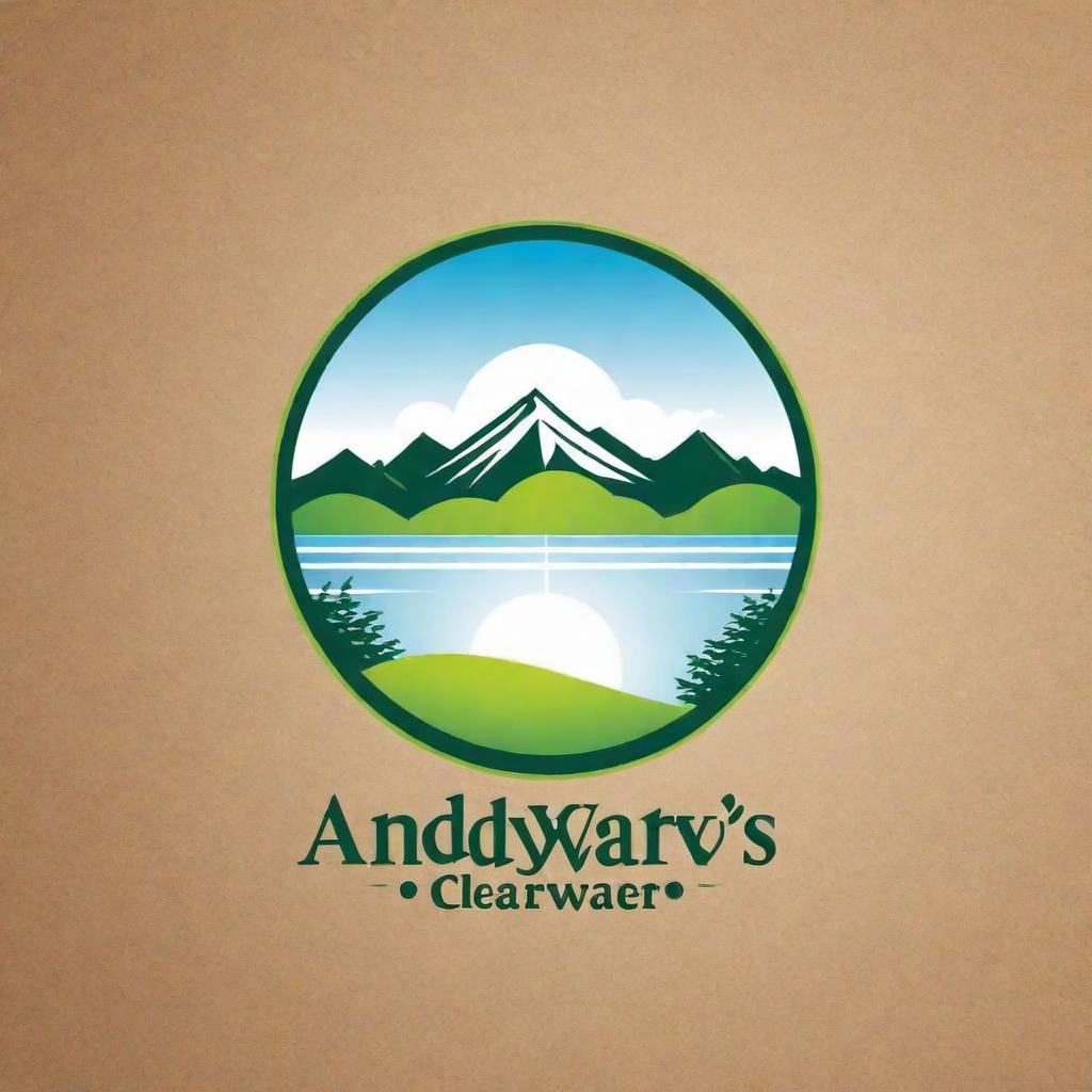  Design a professional and visually appealing logo for a company named Andy's Clearwater. The logo should integrate themes of sprinklers, a soft and beautiful landscape, and the refreshing feel of morning sunshine. The image should convey the feeling of water being sprinkled into the air with the backdrop of a serene landscape. The logo should embody a sense of freshness, vitality, and the beauty of a bright morning. The focus is on landscaping and irrigation systems, so the design should also reflect growth, nature, and the efficiency of sprinkler systems. hyperrealistic, full body, detailed clothing, highly detailed, cinematic lighting, stunningly beautiful, intricate, sharp focus, f/1. 8, 85mm, (centered image composition), (professionally color graded), ((bright soft diffused light)), volumetric fog, trending on instagram, trending on tumblr, HDR 4K, 8K