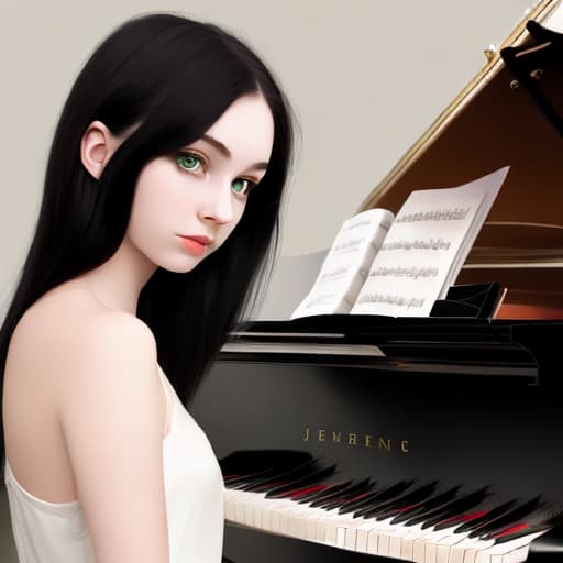  Create for me A young woman, long straight raven black hair, emerald green eyes, pale skin, playing the piano, Realistic Image