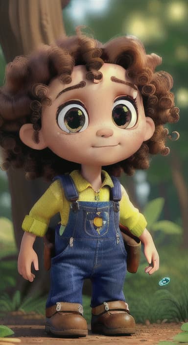  {The tree with a twinkling eye, while its leaves gently rustle., Riley, a curious with big brown eyes and curly hair, wearing overalls and carrying a small backpack. Their friend, Skye, a bluebird with shiny feathers.