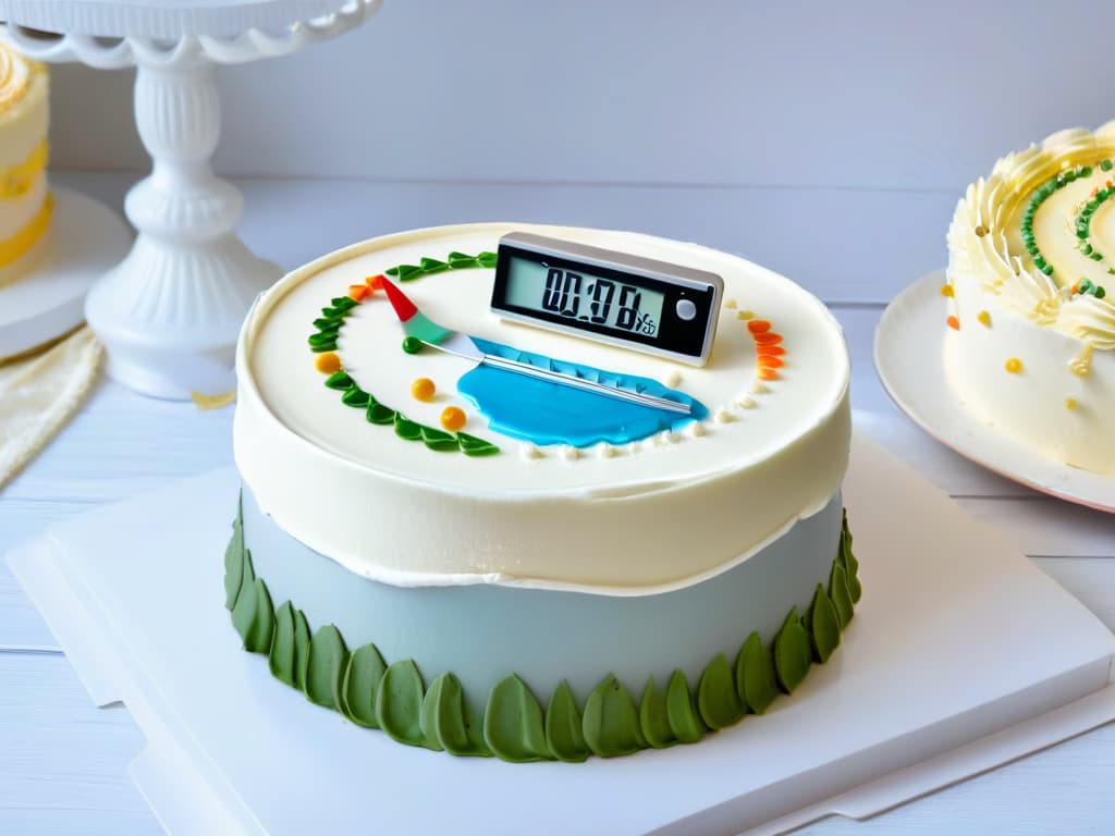  A photorealistic image of a sleek, modern digital kitchen thermometer with a large, easytoread display, set against a backdrop of a beautifully decorated and intricately designed cake. The thermometer is shown inserted into the cake, perfectly showcasing its precision and accuracy in the art of baking. The lighting highlights the details of the thermometer and the exquisite textures and colors of the cake, making it a visually captivating and informative image for the article on digital thermometers for baking. hyperrealistic, full body, detailed clothing, highly detailed, cinematic lighting, stunningly beautiful, intricate, sharp focus, f/1. 8, 85mm, (centered image composition), (professionally color graded), ((bright soft diffused light)), volumetric fog, trending on instagram, trending on tumblr, HDR 4K, 8K