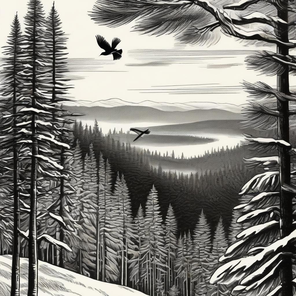  "A bird in flight, passes over the tops of fir trees, a drawing with a stroke, a sketch." In this translation, "птица в полете" means "a bird in flight", "пролетает" means "passes" or "flies over", "над вершинами елей" means "over the tops of fir trees", "рисунок" means "a drawing", "штрихом" means "with a stroke", and "эскиз" means "a sketch". hyperrealistic, full body, detailed clothing, highly detailed, cinematic lighting, stunningly beautiful, intricate, sharp focus, f/1. 8, 85mm, (centered image composition), (professionally color graded), ((bright soft diffused light)), volumetric fog, trending on instagram, trending on tumblr, HDR 4K, 8K