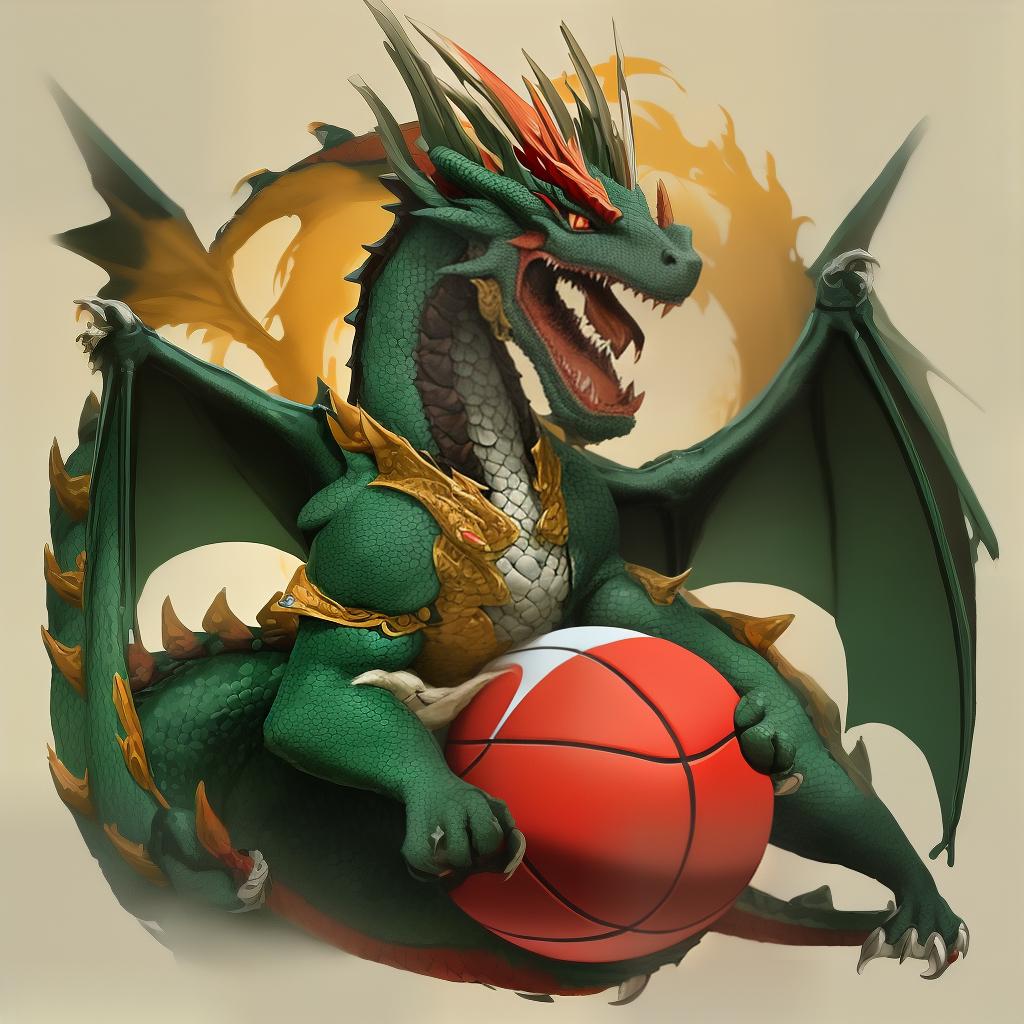  masterpiece, best quality, Create a sports logo of a red and black dragon that is biting a basketball ball in his mouth. Place a text banner that says "BAURU". Clear background.