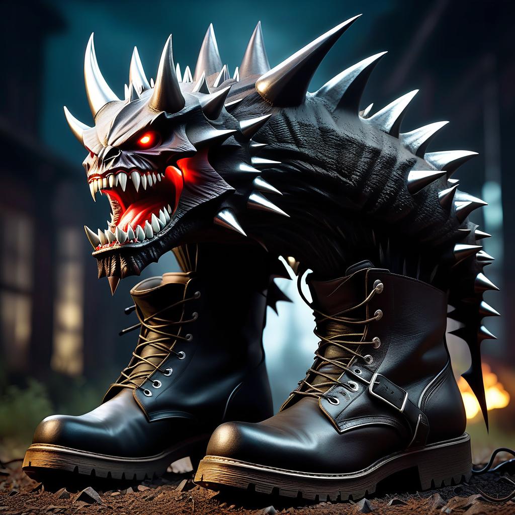  horror themed Two malicious sharp toothed monsters in the form of torn boots with spikes and electric charges. . eerie, unsettling, dark, spooky, suspenseful, grim, highly detailed hyperrealistic, full body, detailed clothing, highly detailed, cinematic lighting, stunningly beautiful, intricate, sharp focus, f/1. 8, 85mm, (centered image composition), (professionally color graded), ((bright soft diffused light)), volumetric fog, trending on instagram, trending on tumblr, HDR 4K, 8K