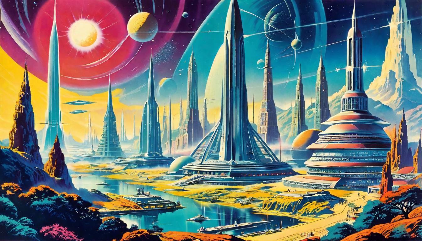  retro futuristic Ancient cosmic scene, seeds of liberation glowing, celestial architects at work lvintage sci fi, 50s and 60s style, atomic age, vibrant, highly detailed