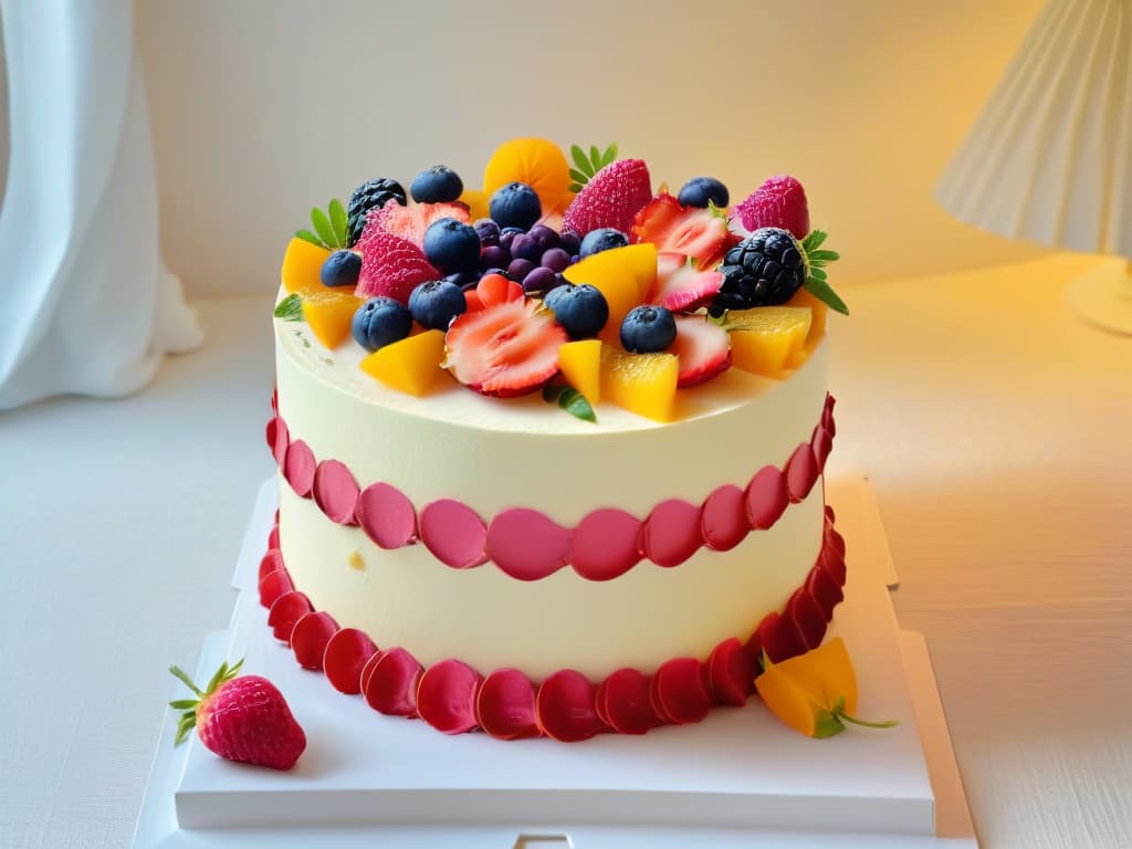  An image of a beautifully arranged, intricately decorated vegan organic cake, featuring vibrant colors and detailed piping work. The cake is adorned with fresh fruits and edible flowers, set against a simple, elegant backdrop to highlight the craftsmanship and natural ingredients used in the creation of this delectable dessert. hyperrealistic, full body, detailed clothing, highly detailed, cinematic lighting, stunningly beautiful, intricate, sharp focus, f/1. 8, 85mm, (centered image composition), (professionally color graded), ((bright soft diffused light)), volumetric fog, trending on instagram, trending on tumblr, HDR 4K, 8K