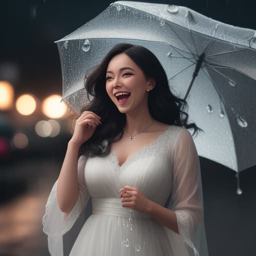  joyful portrait of someone laughing in the rain, using high shutter speed to freeze raindrops hyperrealistic, full body, detailed clothing, highly detailed, cinematic lighting, stunningly beautiful, intricate, sharp focus, f/1. 8, 85mm, (centered image composition), (professionally color graded), ((bright soft diffused light)), volumetric fog, trending on instagram, trending on tumblr, HDR 4K, 8K