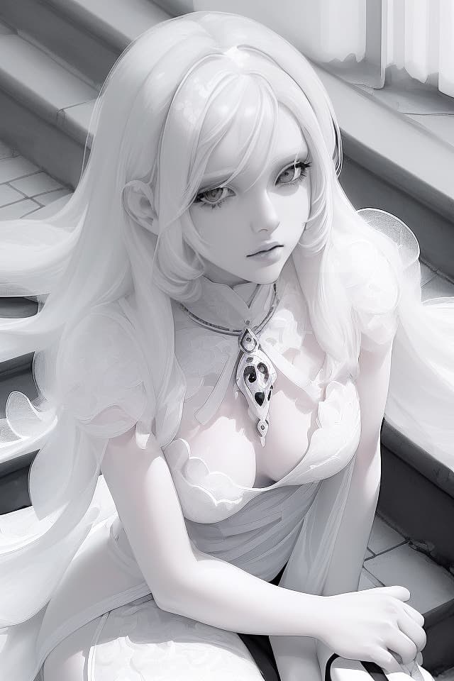  (White hair color) (Black and White Monochrome Illustration) (Cool Beautiful Girl) ICE BODY, SITTING ON STAIRS (Close Up of Upper Body Body ) High Quality, 8k, 16k