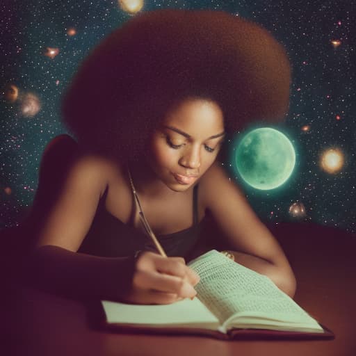 analog style Pretty girl with afro reading and studying in a  room at night with stars and planets in the sky, fireflies, musical notes, ultrarealistic detailed vivid colors