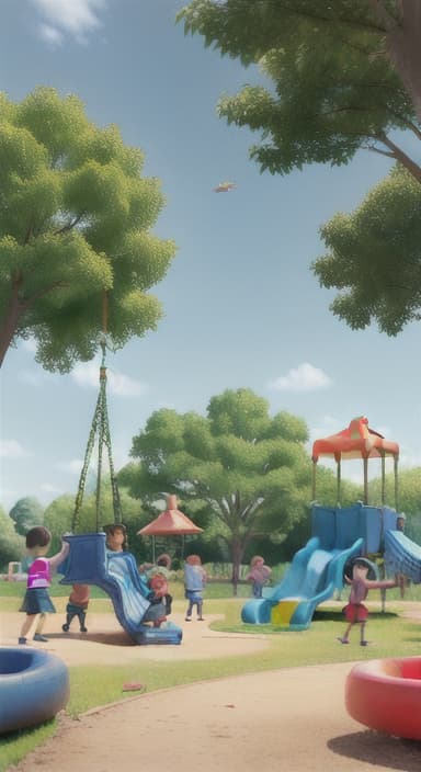  {Children playing in a sunny park with swings and slides., Same group of happy children, now wearing casual play clothes.