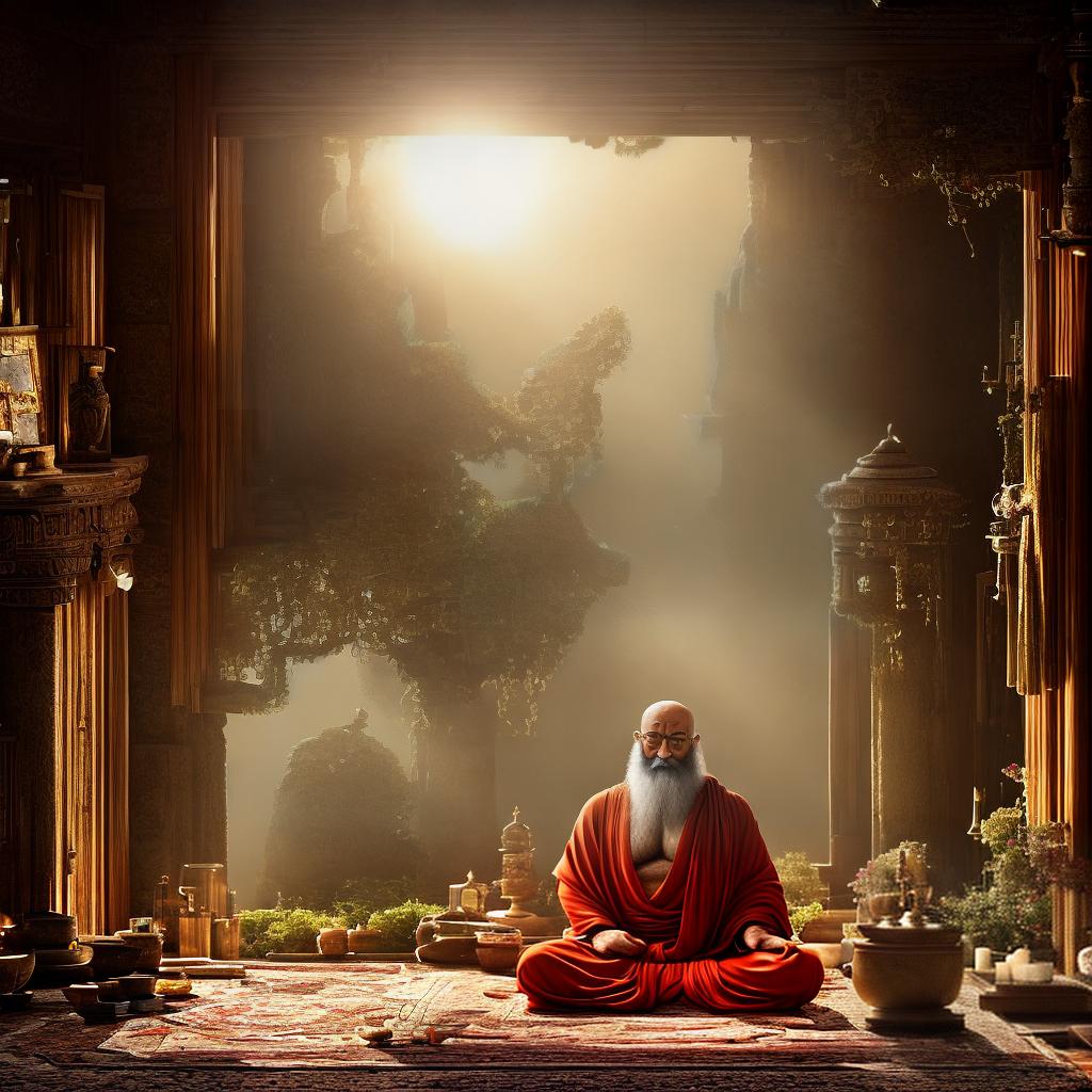  A masterpiece of Bodhidharma, featuring the best quality, 8k resolution, and high detailed, ultra-detailed portrayal. Bodhidharma, the legendary Buddhist monk, sitting in deep meditation, (cross-legged), with a serene expression on his face, (wearing traditional saffron robes), (surrounded by flickering candlelight), (an ancient temple in the background), and (golden rays of sunlight streaming through the windows). hyperrealistic, full body, detailed clothing, highly detailed, cinematic lighting, stunningly beautiful, intricate, sharp focus, f/1. 8, 85mm, (centered image composition), (professionally color graded), ((bright soft diffused light)), volumetric fog, trending on instagram, trending on tumblr, HDR 4K, 8K
