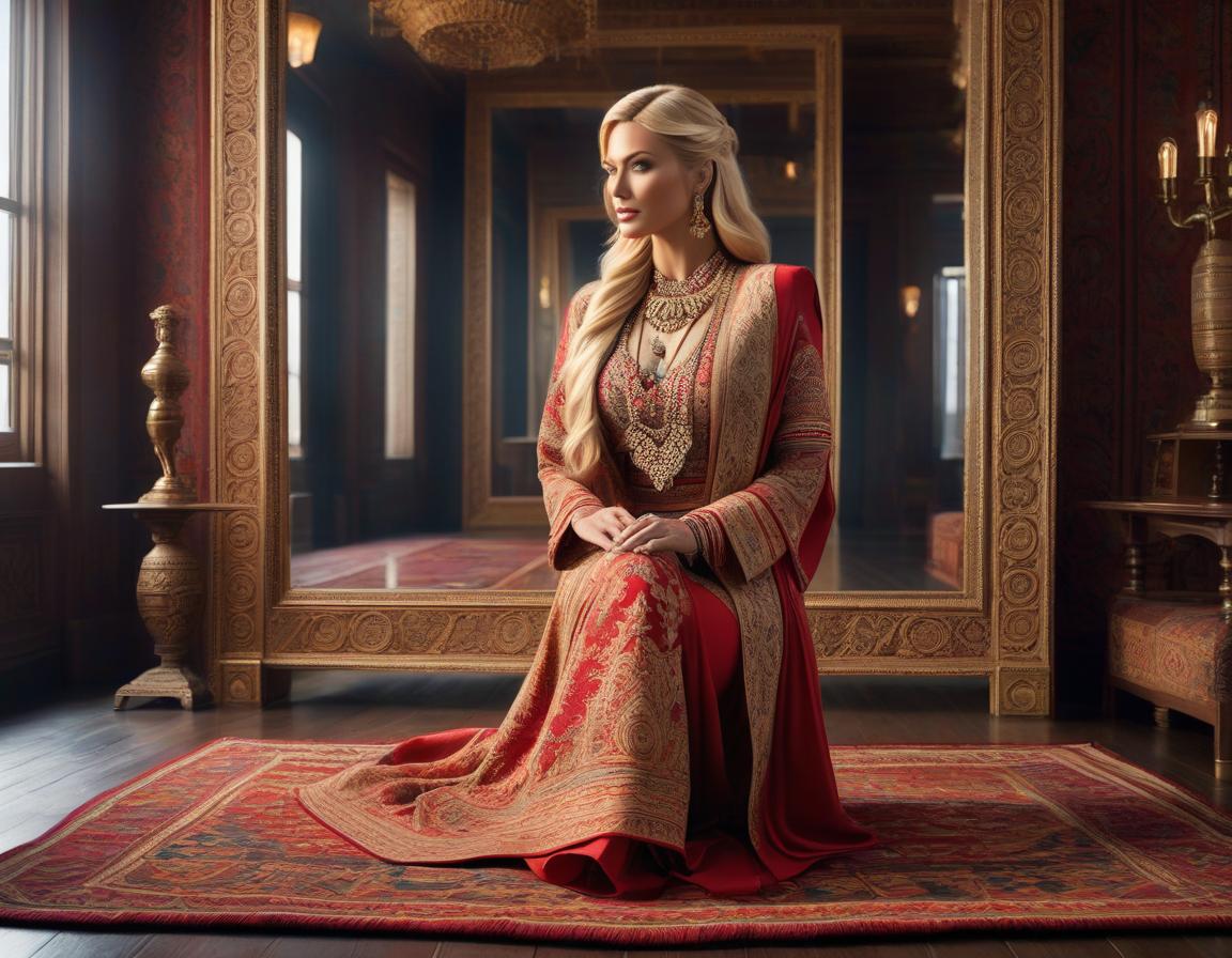  Visual art of a place where inventions and adventures are felt, a very detailed and deep image. A blonde in ethnic clothing stands on a rug and is reflected in a mirror. Use only three colors and their shades. hyperrealistic, full body, detailed clothing, highly detailed, cinematic lighting, stunningly beautiful, intricate, sharp focus, f/1. 8, 85mm, (centered image composition), (professionally color graded), ((bright soft diffused light)), volumetric fog, trending on instagram, trending on tumblr, HDR 4K, 8K