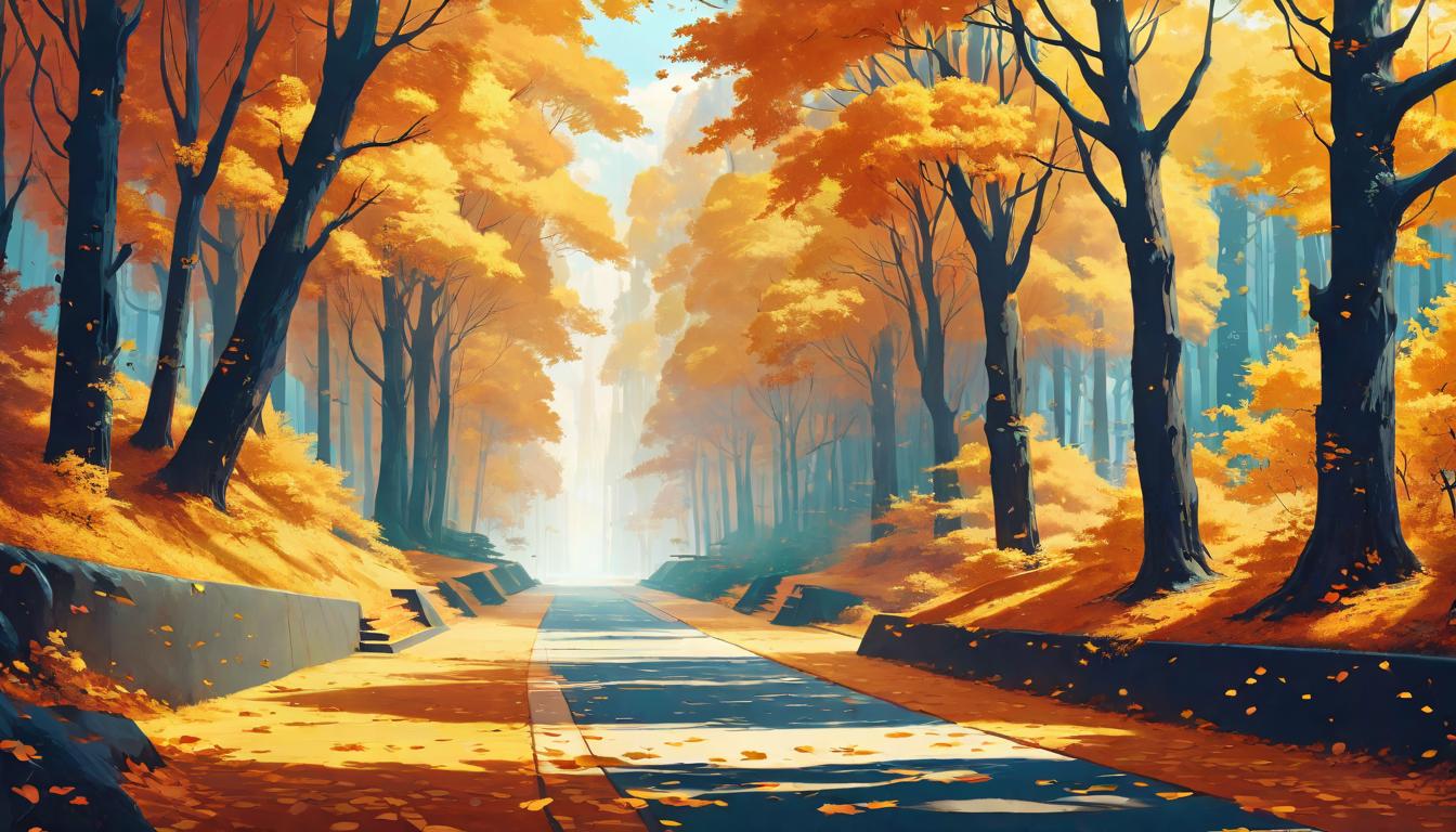  retro futuristic Crossroads in an autumn forest, one path empty and inviting under a canopy of golden leaves. Path of solitude, choice without influence, introspective crossroads lvintage sci fi, 50s and 60s style, atomic age, vibrant, highly detailed