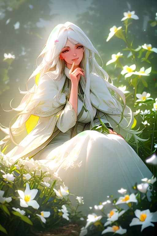  (masterpiece, best quality),1girl with long white hair sitting in a field of green plants and flowers, her hand under her chin, warm lighting, white dress, blurry foreground hyperrealistic, full body, detailed clothing, highly detailed, cinematic lighting, stunningly beautiful, intricate, sharp focus, f/1. 8, 85mm, (centered image composition), (professionally color graded), ((bright soft diffused light)), volumetric fog, trending on instagram, trending on tumblr, HDR 4K, 8K