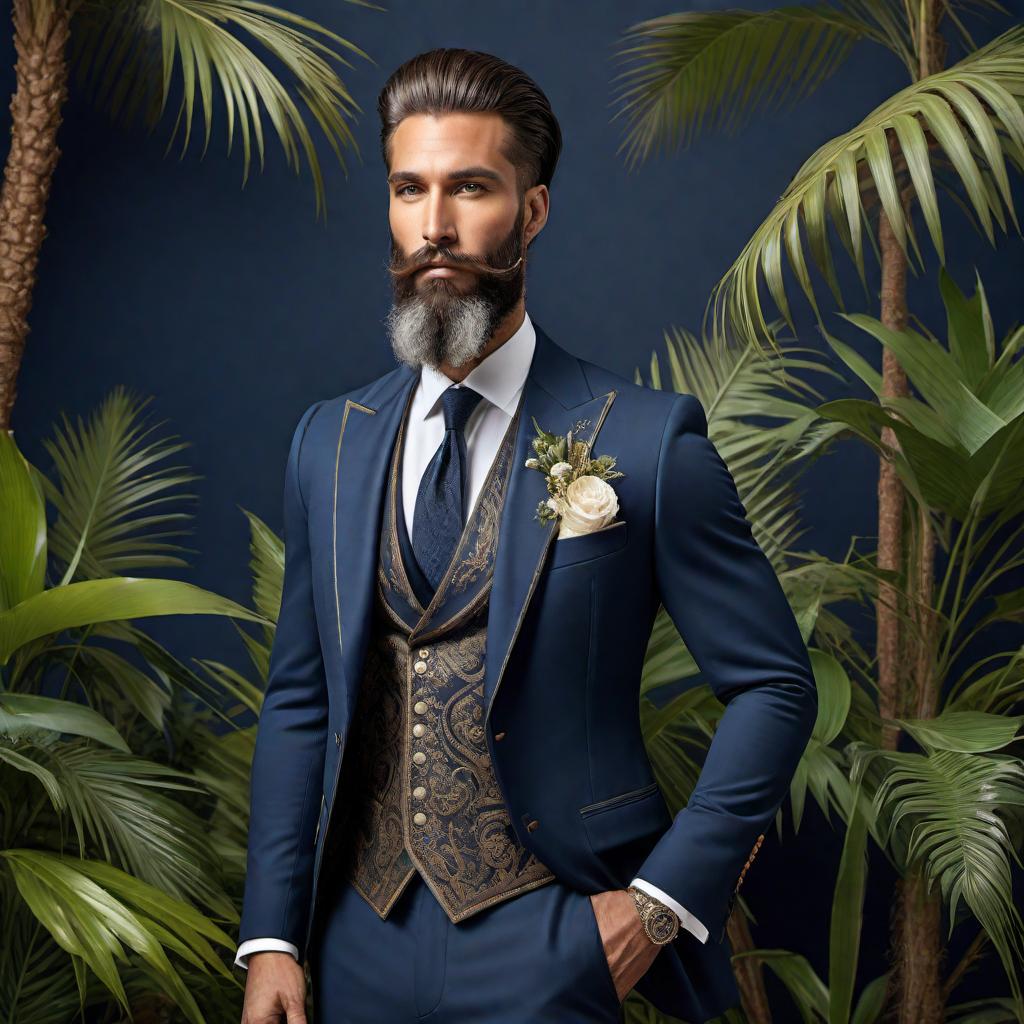  An extremely elegant and classy man dressed as a Gypsy with a prominent beard, standing in a jungle setting with a navy blue wall in the background. He wears refined and stylish clothing, with details like a tailored suit jacket, polished shoes, and delicate accessories. Add flowers around and more palm trees in the background. Ensure his overall appearance has distinct Gypsy elements integrated with elegance and class. hyperrealistic, full body, detailed clothing, highly detailed, cinematic lighting, stunningly beautiful, intricate, sharp focus, f/1. 8, 85mm, (centered image composition), (professionally color graded), ((bright soft diffused light)), volumetric fog, trending on instagram, trending on tumblr, HDR 4K, 8K