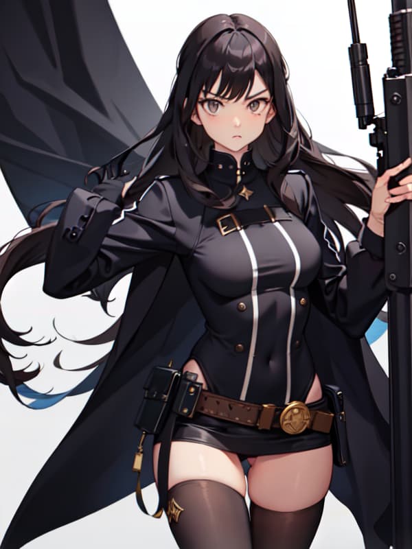 detective woman, body, vintage clothes, black long hair, pose, whole body, covered body, white background, edgy, serious, gun, brown, black, white