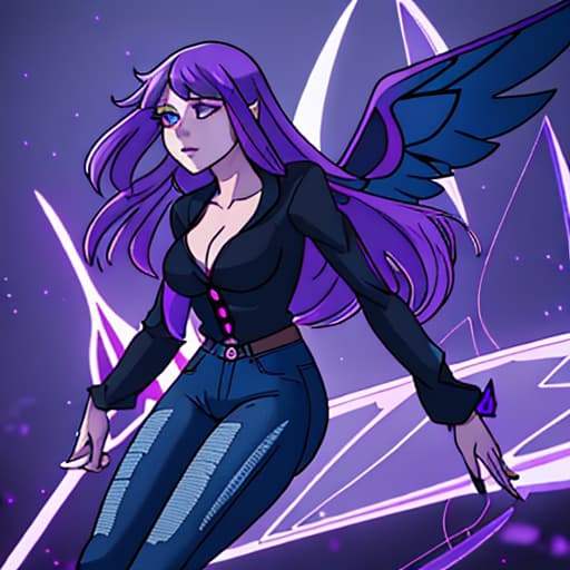  female,long hair Purple,her bangs on the side,Blue eyes,fairy,her Wings is if from series"WinX"Believix Bloom fairy wings Purple,blck jeans,black shirt,black hacker,background is sky,she is fly at the sky hyperrealistic, full body, detailed clothing, highly detailed, cinematic lighting, stunningly beautiful, intricate, sharp focus, f/1. 8, 85mm, (centered image composition), (professionally color graded), ((bright soft diffused light)), volumetric fog, trending on instagram, trending on tumblr, HDR 4K, 8K