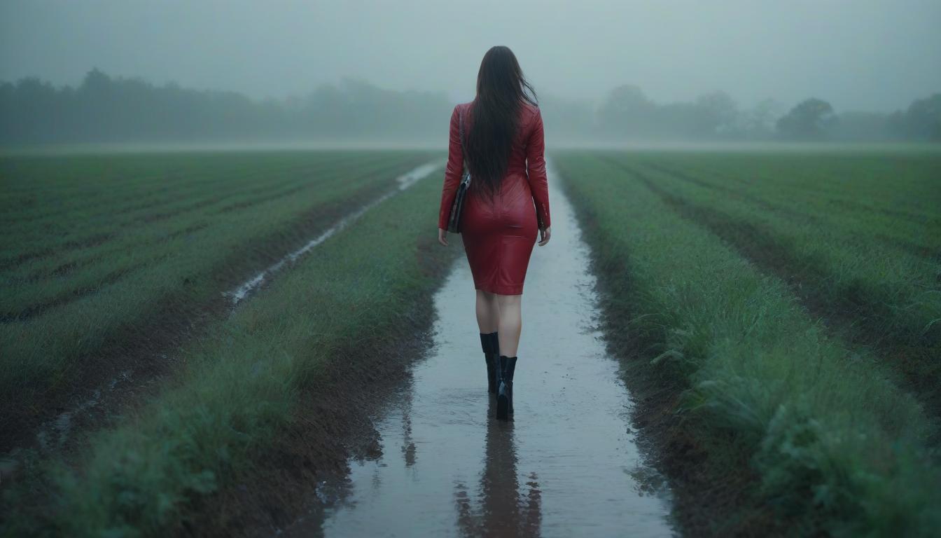  A long haired girl with bright lipstick walks through a field in the rain on puddles. hyperrealistic, full body, detailed clothing, highly detailed, cinematic lighting, stunningly beautiful, intricate, sharp focus, f/1. 8, 85mm, (centered image composition), (professionally color graded), ((bright soft diffused light)), volumetric fog, trending on instagram, trending on tumblr, HDR 4K, 8K