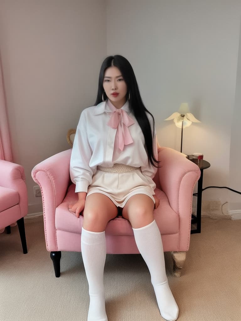  photography,LDR,HDR,UHD,4K,8K,32K,best quality,masterpiece,highly detailed,ultra fine,sharp focus,professional,vivid colorsProducts:, Appearance: old korean , pink lipstick, e aesthetic, blush, black super long straight hair, black earrings, black socks, Outfit:pink , , knee high socks, Location:sitting on gaming chair, at home, next to computer,, Extra:rgb lighting, video games, streamer room, podcast, hyperrealistic, full body, detailed clothing, highly detailed, cinematic lighting, stunningly beautiful, intricate, sharp focus, f/1. 8, 85mm, (centered image composition), (professionally color graded), ((bright soft diffused light)), volumetric fog, trending on instagram, trending on tumblr, HDR 4K, 8K