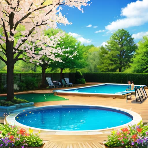  Pool round with water, people and blooming springtime trees